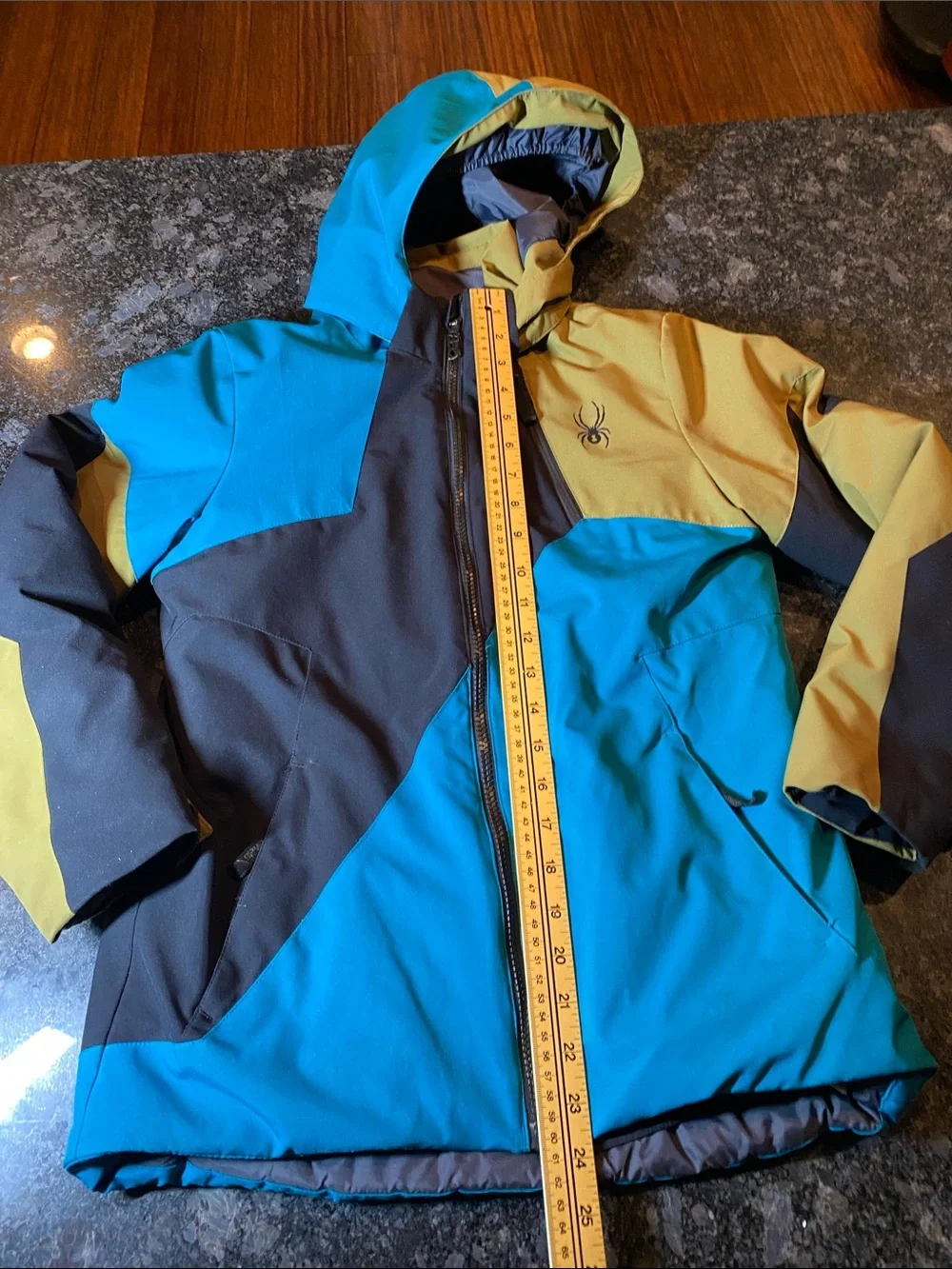 Spyder Ambush Ski Kids Colorblock Hooded Puffer Jacket Blue, Olive & Black Sz 14